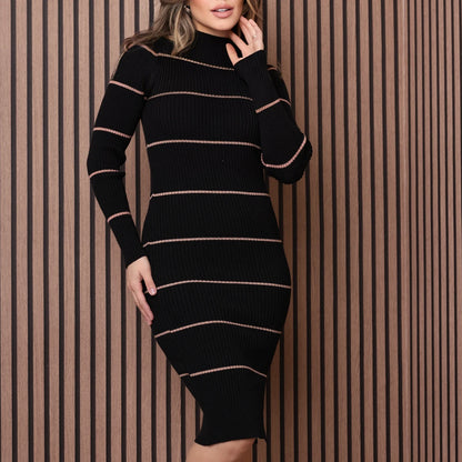 Vestido midi manga longa listrado de tricot - ANGOLA