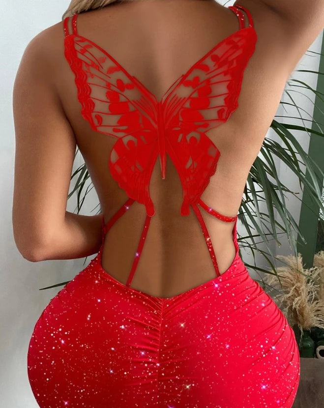 Vestido curto brilhante costas em borboleta - Borboleta  *PAGUE 1 E LEVE 2*