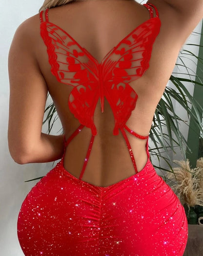Vestido curto brilhante costas em borboleta - Borboleta  *PAGUE 1 E LEVE 2*